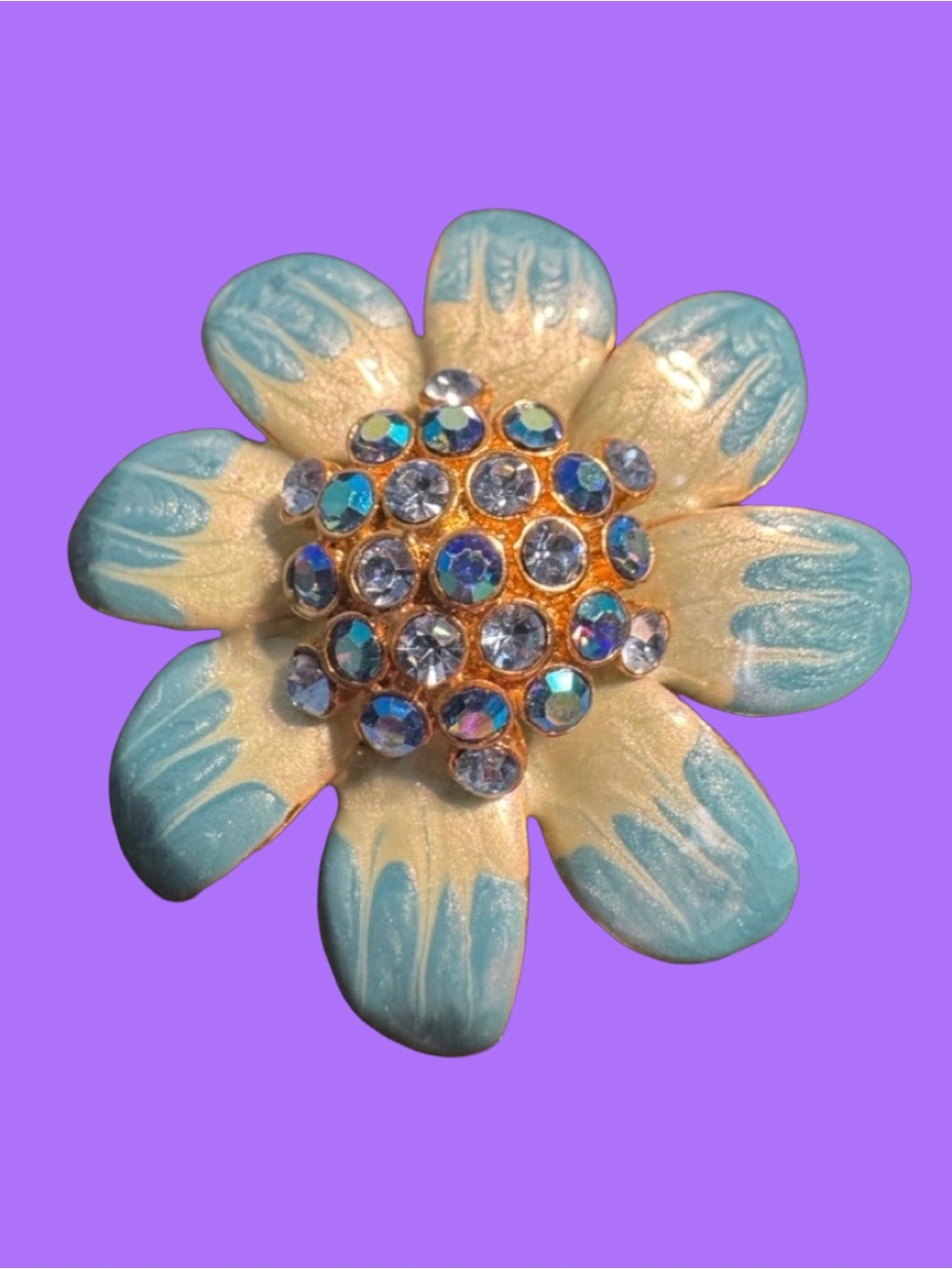 Colorful vintage two-toned blue daisy flower brooch with blue rhinestone centers